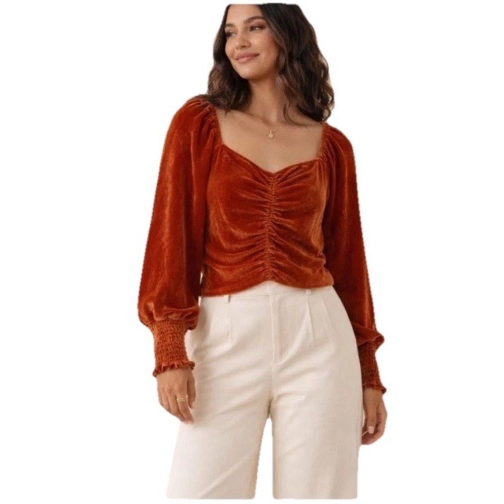 Amber Shu Top Rust Velvet Ren Faire Ruched Puff Sleeve Smocked Sz‎ XL Peasant